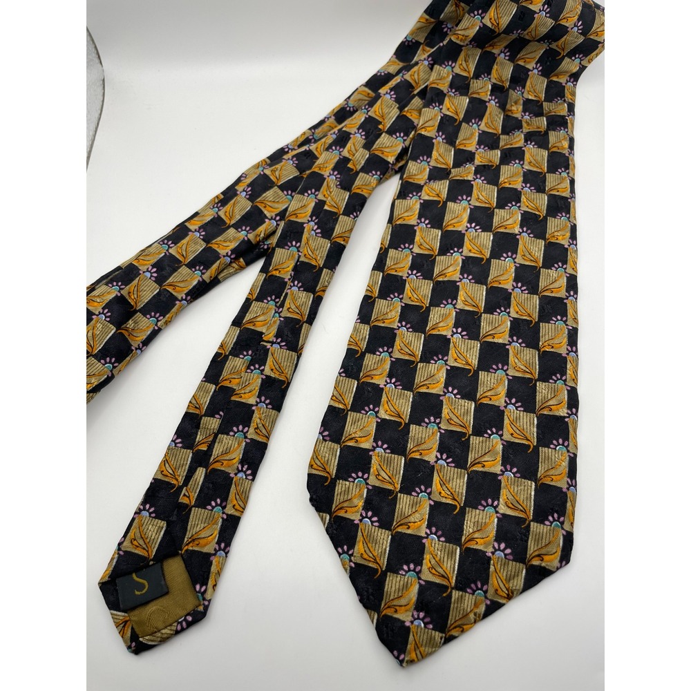 Robert Talbott Studio Silk Tie Mens Black Gold Geometric Floral Hand Sewn USA